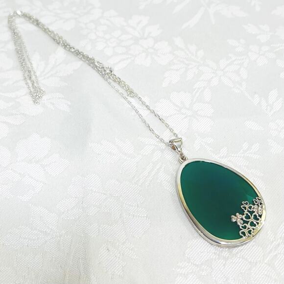 JMH Sterling Silver Shamrock Green Onyx Pendant Necklace Ireland Irish Clover - Picture 7 of 10